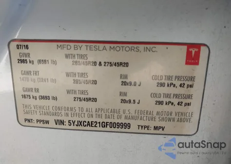 2016 Tesla Model X 60D/70D/75D/90D from USA, damaged, VIN 5YJXCAE21GF009999